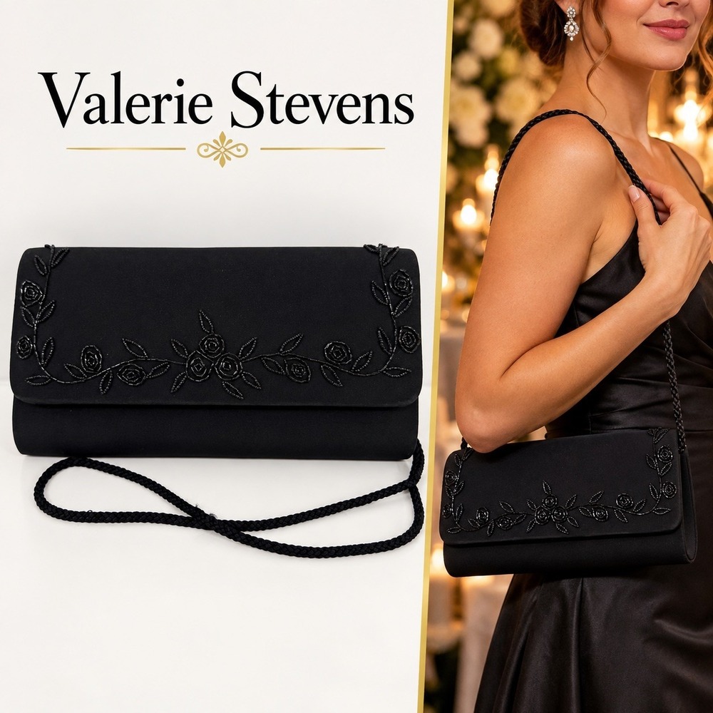 Valerie Stevens Black Satin Beaded Floral Evening Bag Clutch Shoulder Purse